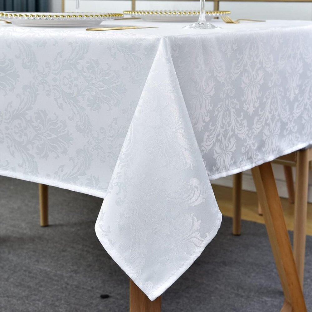 Elegant White Jacquard Damask Tablecloth 60x102” – Spill Proof & Wrinkle Free